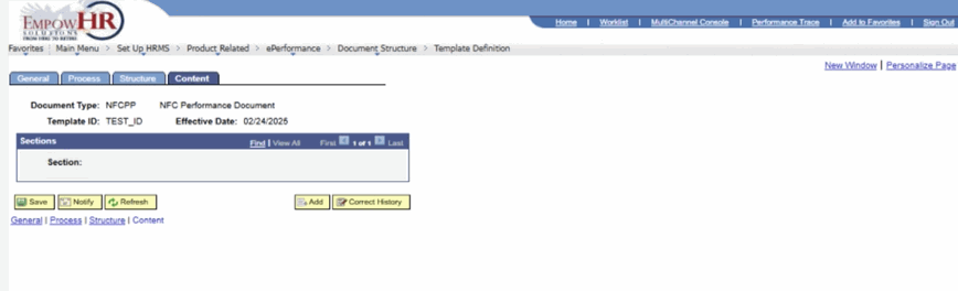 Template Definition Page - Content Tab